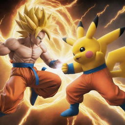 An epic showdown between Goku from Dragon Ball Z, showcasing his Super Saiyan form, and Pikachu from Pokémon, utilizing his electric abilities, set in a dynamic battle scene.
