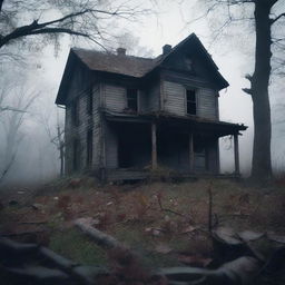 A terrifying horror scene featuring a dark, abandoned house with broken windows and overgrown vegetation