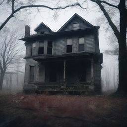 A terrifying horror scene featuring a dark, abandoned house with broken windows and overgrown vegetation