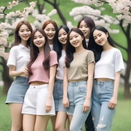 A group of seven Korean girls posing together, smiling and enjoying their time