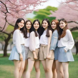 A group of seven Korean girls posing together, smiling and enjoying their time