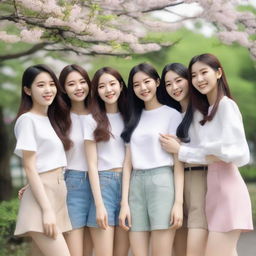 A group of seven Korean girls posing together, smiling and enjoying their time