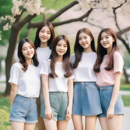 A group of seven Korean girls posing together, smiling and enjoying their time