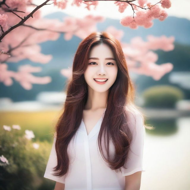 Create an image of a very beautiful Korean girl with long, flowing hair, flawless skin, and a radiant smile