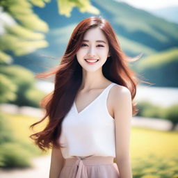 Create an image of a very beautiful Korean girl with long, flowing hair, flawless skin, and a radiant smile