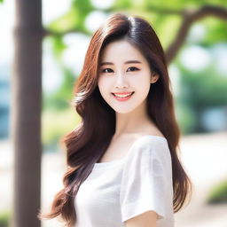 Create an image of a very beautiful Korean girl with long, flowing hair, flawless skin, and a radiant smile