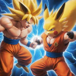 An epic showdown between Goku from Dragon Ball Z, showcasing his Super Saiyan form, and Pikachu from Pokémon, utilizing his electric abilities, set in a dynamic battle scene.