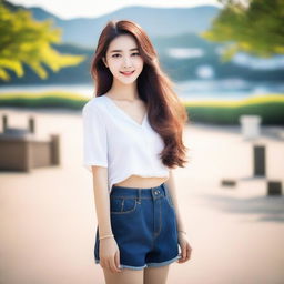 Create an image of a very beautiful Korean girl with long, flowing hair, flawless skin, and a radiant smile