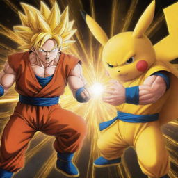 An epic showdown between Goku from Dragon Ball Z, showcasing his Super Saiyan form, and Pikachu from Pokémon, utilizing his electric abilities, set in a dynamic battle scene.