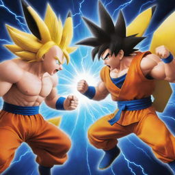 An epic showdown between Goku from Dragon Ball Z, showcasing his Super Saiyan form, and Pikachu from Pokémon, utilizing his electric abilities, set in a dynamic battle scene.