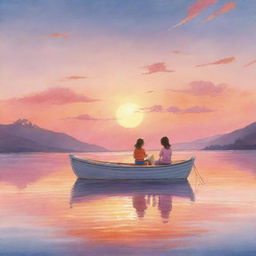 A soothing and simple-to-draw children's book cartoon scene of Finn and Fiona, sitting peacefully on their boat, as they watch the sun set, painting the sky with hues of orange and pink.