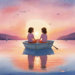 A soothing and simple-to-draw children's book cartoon scene of Finn and Fiona, sitting peacefully on their boat, as they watch the sun set, painting the sky with hues of orange and pink.