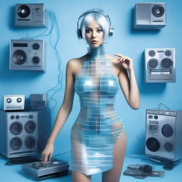 A seductive woman wearing an ice blue and metallic erotic dress, assembled from plastic pieces