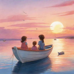 A soothing and simple-to-draw children's book cartoon scene of Finn and Fiona, sitting peacefully on their boat, as they watch the sun set, painting the sky with hues of orange and pink.