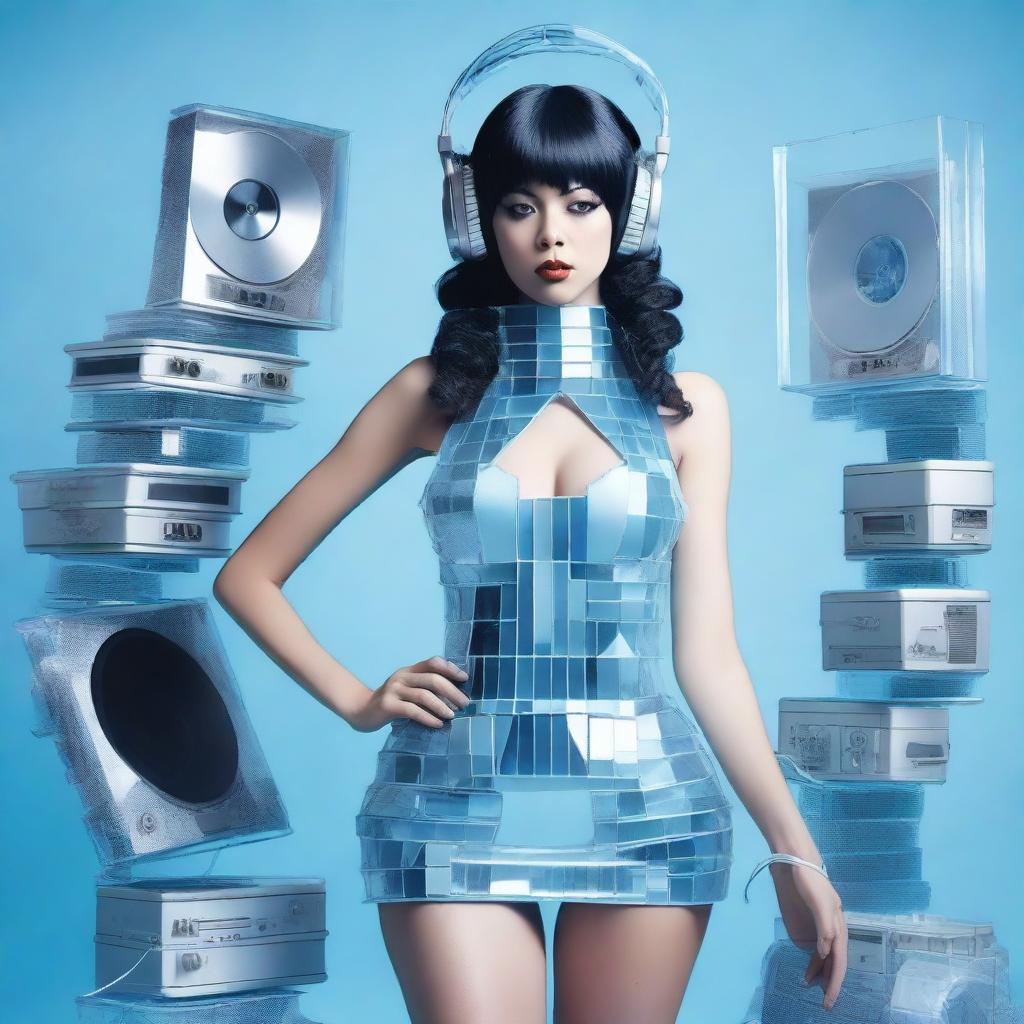 A sexy woman in an ice blue and metallic erotic dress, assembled from plastic pieces