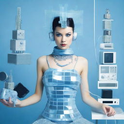 A sexy woman in an ice blue and metallic erotic dress, assembled from plastic pieces