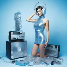 A sexy woman in an ice blue and metallic erotic dress, assembled from plastic pieces