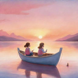 A soothing and simple-to-draw children's book cartoon scene of Finn and Fiona, sitting peacefully on their boat, as they watch the sun set, painting the sky with hues of orange and pink.