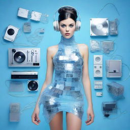 A sexy woman in an ice blue and metallic erotic dress, assembled from plastic pieces