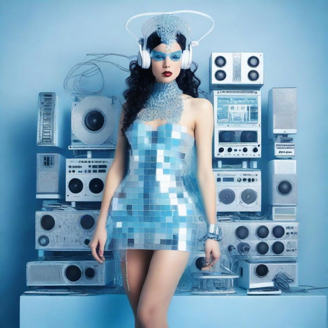 A sexy woman in an ice blue and metallic erotic dress, assembled from plastic pieces