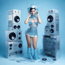 A sexy woman in an ice blue and metallic erotic dress, assembled from plastic pieces