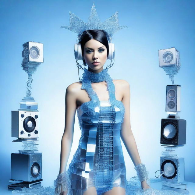 A sexy woman in an ice blue and metallic erotic dress, assembled from plastic pieces