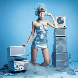 A sexy woman in an ice blue and metallic erotic dress, assembled from plastic pieces