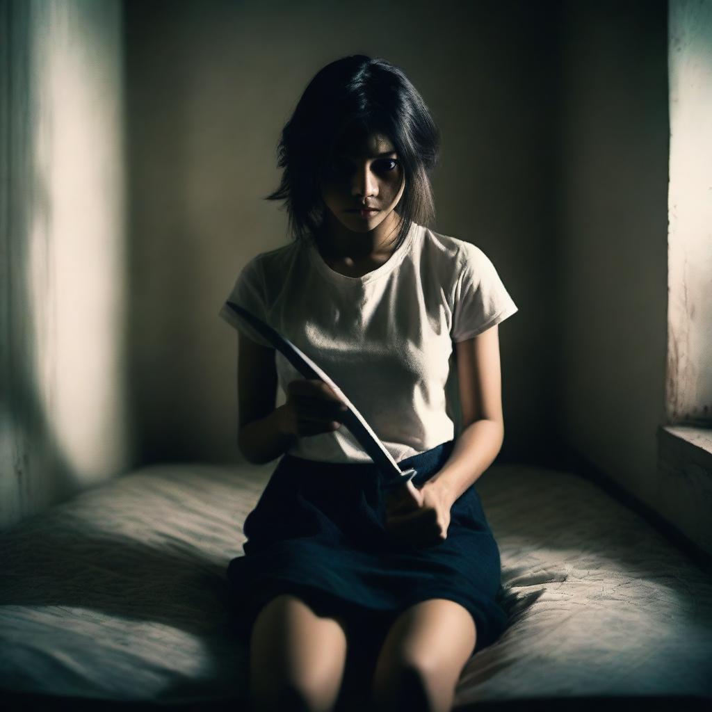 A girl with a short skirt sitting on a bed, holding a knife in her hand