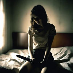 A girl with a short skirt sitting on a bed, holding a knife in her hand