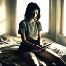 A girl with a short skirt sitting on a bed, holding a knife in her hand