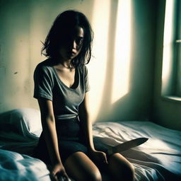 A girl with a short skirt sitting on a bed, holding a knife in her hand