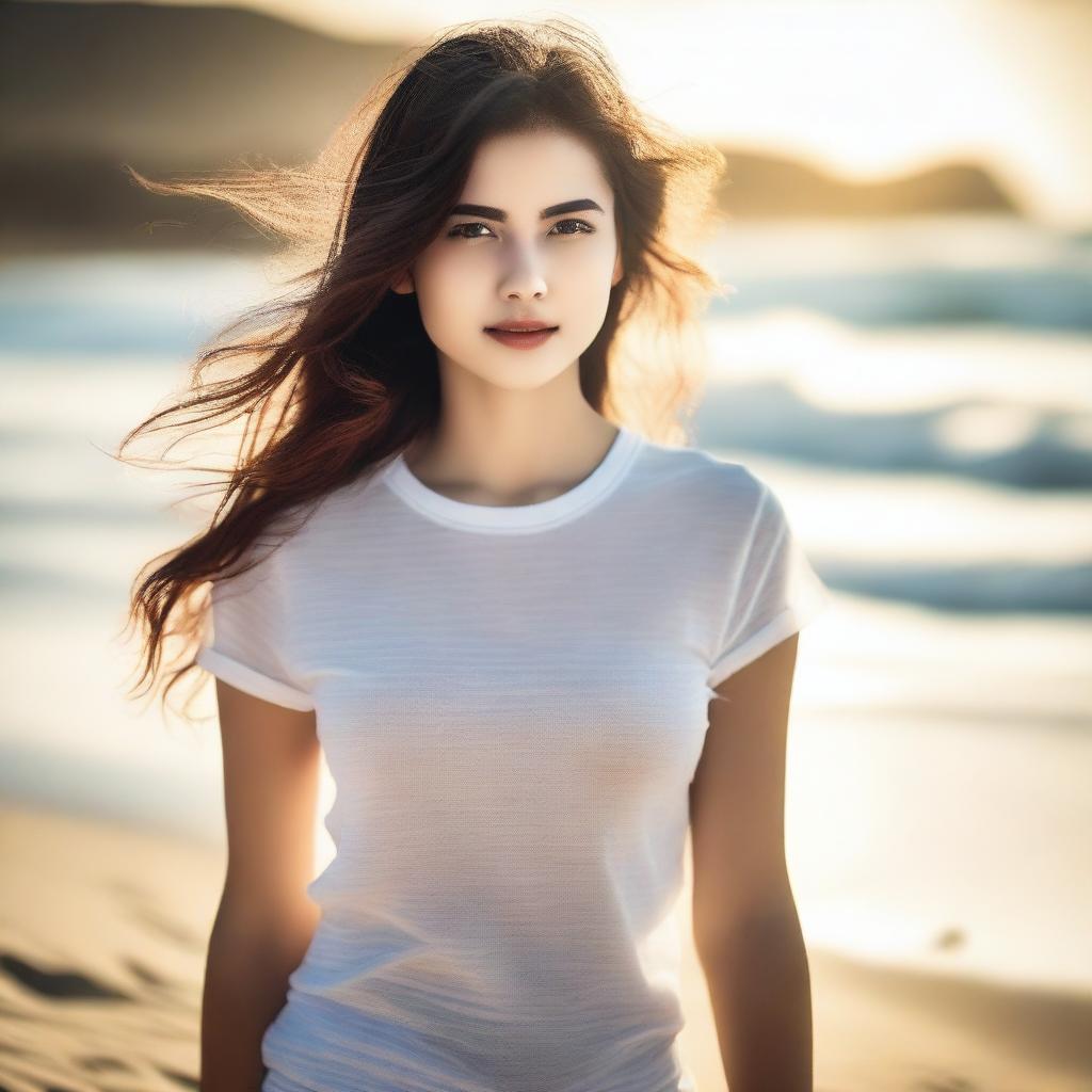 A sensual girl standing on the beach wearing a white t-shirt with transparency, biting her lips