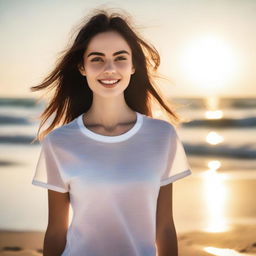 A sensual girl standing on the beach wearing a white t-shirt with transparency, biting her lips