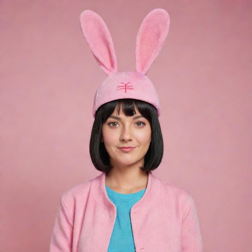 Louise Belcher from Bob's Burgers reimagined as a Chinese character, holding true to her signature pink bunny ears hat and her mischievous persona