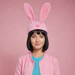 Louise Belcher from Bob's Burgers reimagined as a Chinese character, holding true to her signature pink bunny ears hat and her mischievous persona