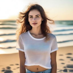 A sensual girl standing on the beach wearing a white t-shirt with transparency, biting her lips