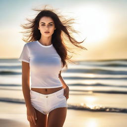 A sensual girl standing on the beach wearing a white t-shirt with transparency, biting her lips