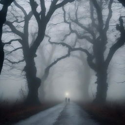 A haunted road at night, shrouded in thick fog and lined with gnarled, twisted trees