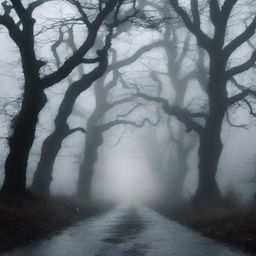 A haunted road at night, shrouded in thick fog and lined with gnarled, twisted trees