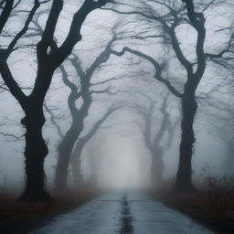 A haunted road at night, shrouded in thick fog and lined with gnarled, twisted trees