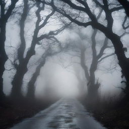 A haunted road at night, shrouded in thick fog and lined with gnarled, twisted trees