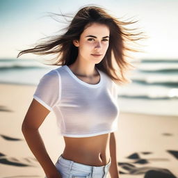 A sensual girl standing on the beach, captured in a focused, realistic photograph