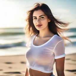 A sensual girl standing on the beach, captured in a focused, realistic photograph