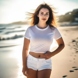 A sensual girl standing on the beach, captured in a focused, realistic photograph