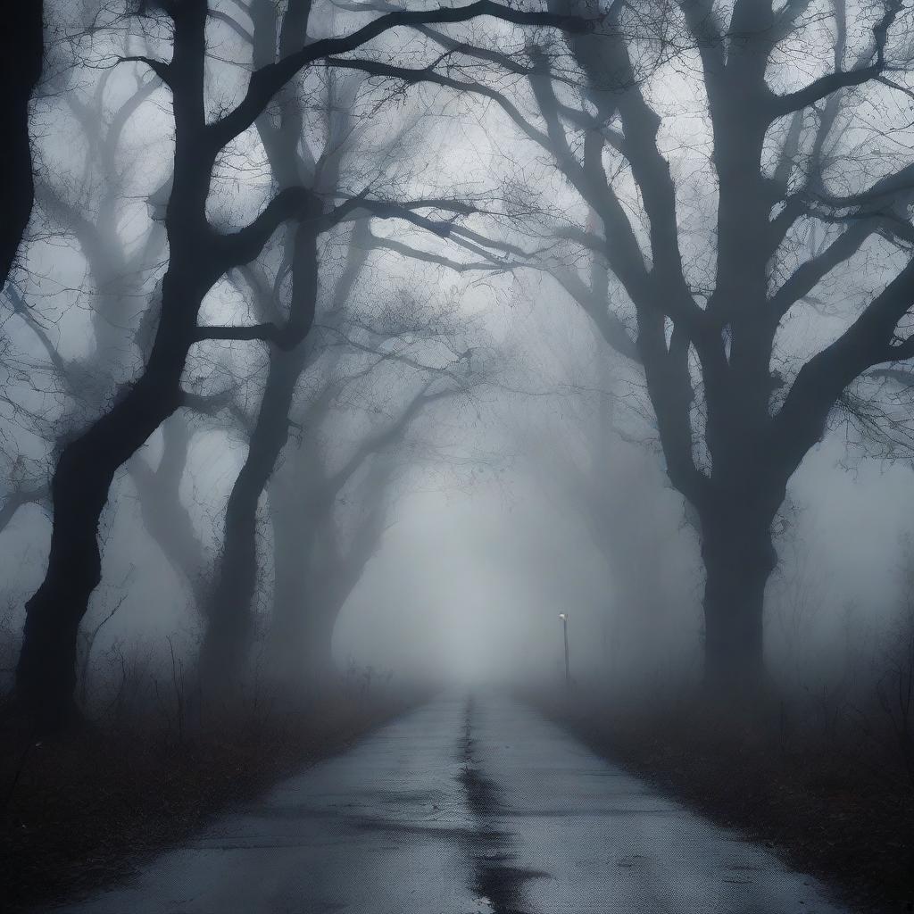 A haunted road at night, enveloped in darkness and thick fog