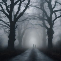 A haunted road at night, enveloped in darkness and thick fog