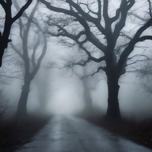 A haunted road at night, enveloped in darkness and thick fog