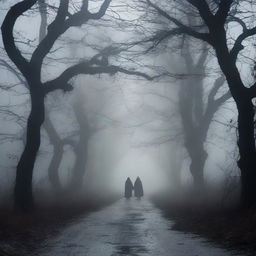 A haunted road at night, enveloped in darkness and thick fog