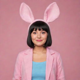 Louise Belcher from Bob's Burgers reimagined as a Chinese character, holding true to her signature pink bunny ears hat and her mischievous persona