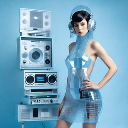 A sexy woman in an ice blue and metallic erotic dress, assembled from plastic pieces